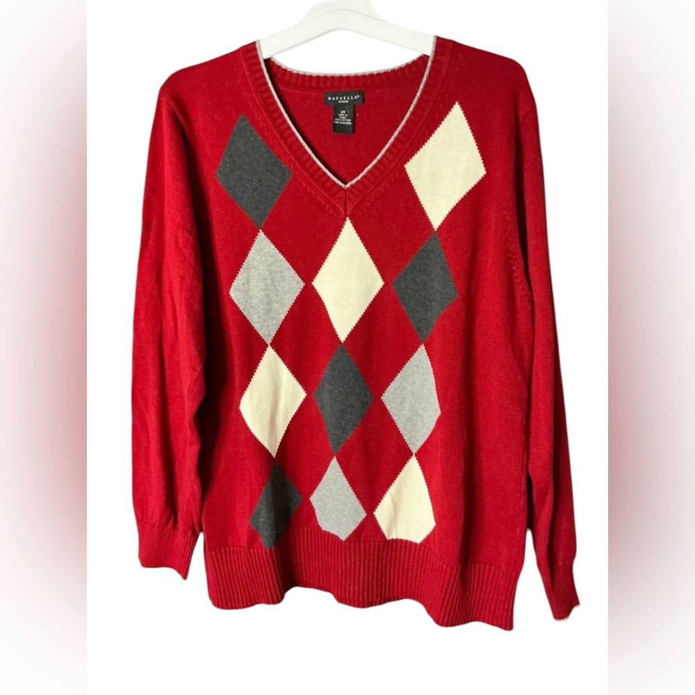 Rafaella Red and Gray V-Neck Argyle Sweater